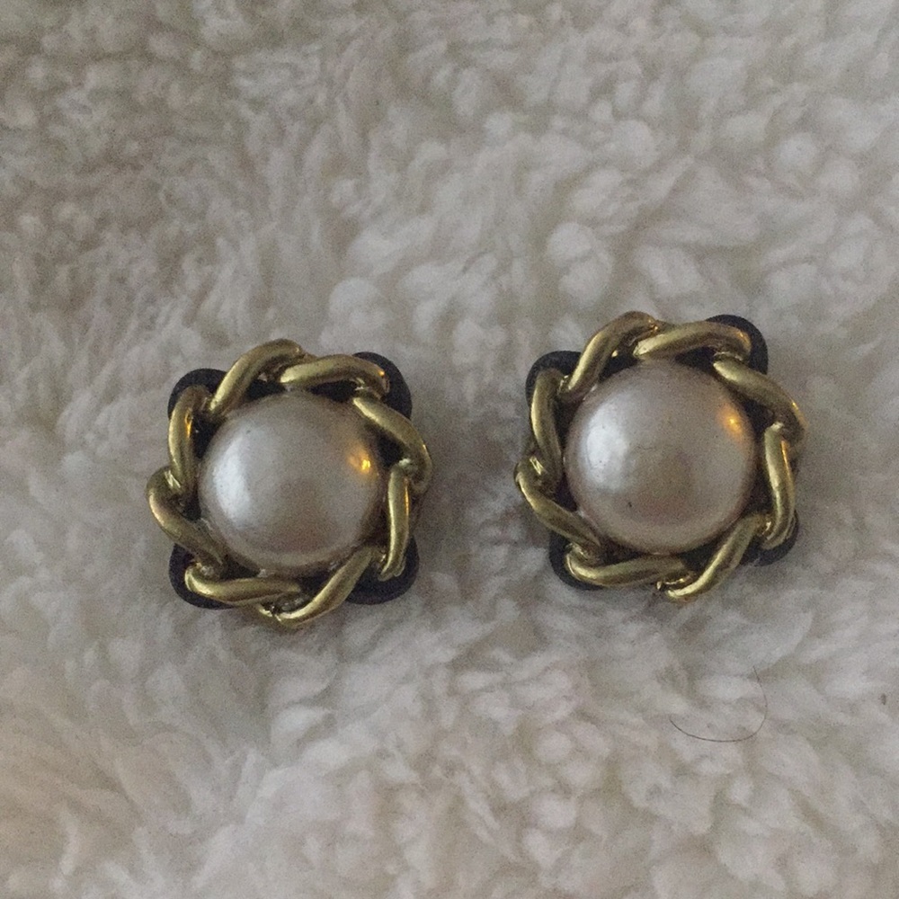 Chanel Earrings w/ Weaved Black Leather Faux Pearl